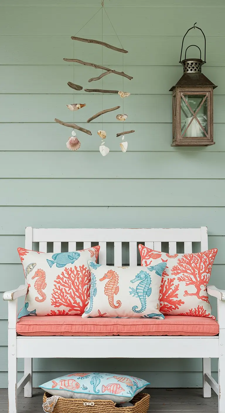 White bench with seahorse and coral print pillows below a driftwood mobile.