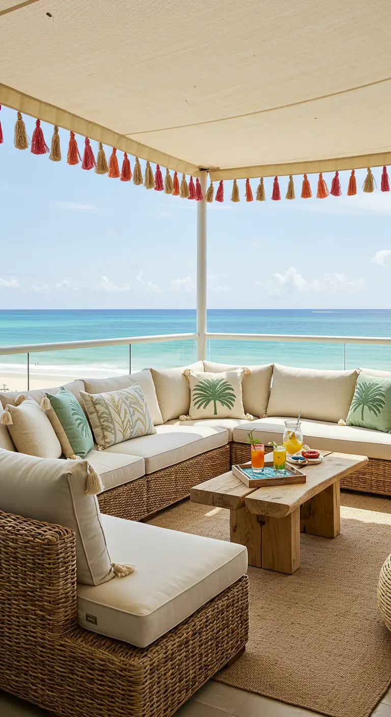 Large wicker sectional on a seaside balcony with a colorful tassel garland overhead.