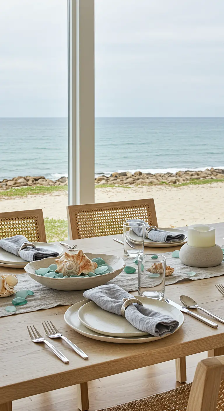 Coastal-themed table with seashells, sea glass, and blue linen napkins.