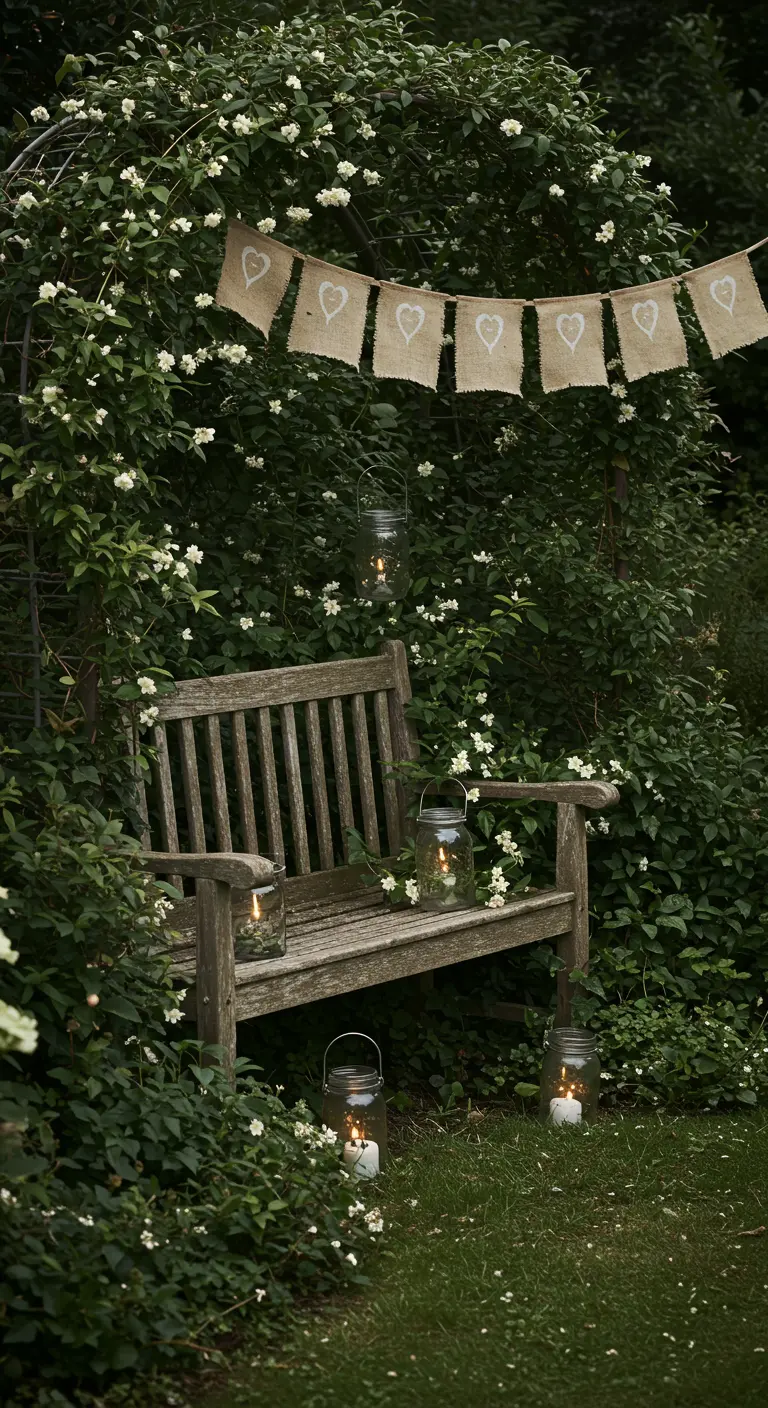 A wooden bench nestled in a white flowering bush with a heart-themed banner.