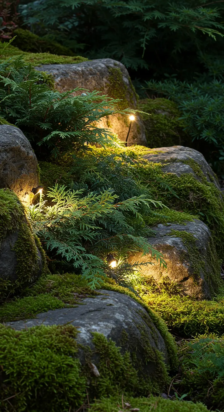 Small, individual lights tucked into moss and evergreens, illuminating a natural rockery from within.
