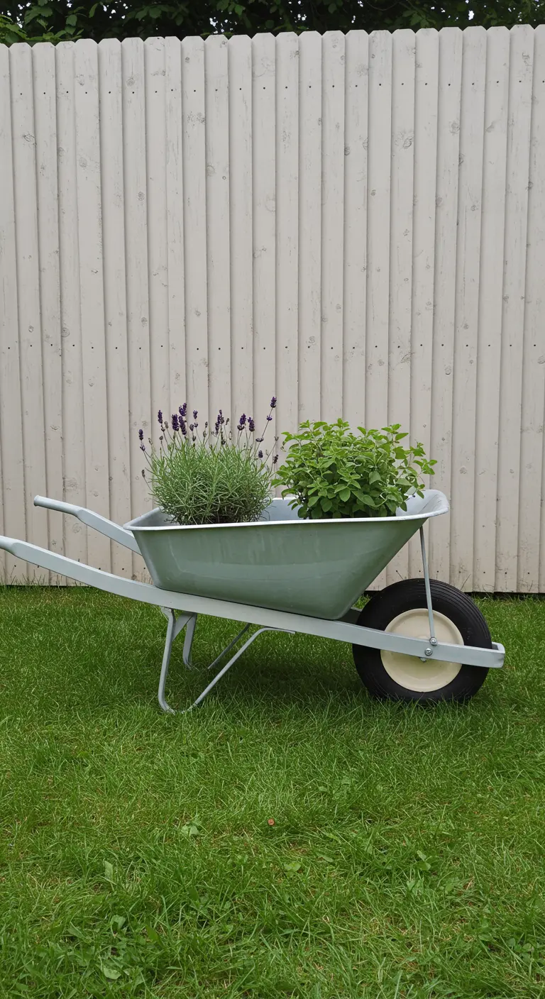 A minimalist sage green wheelbarrow holding lavender and oregano on a neat lawn.