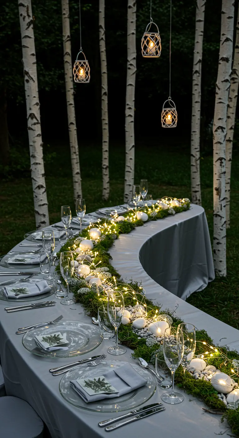 A long, curved table set among birch trees with a moss runner and white decor.
