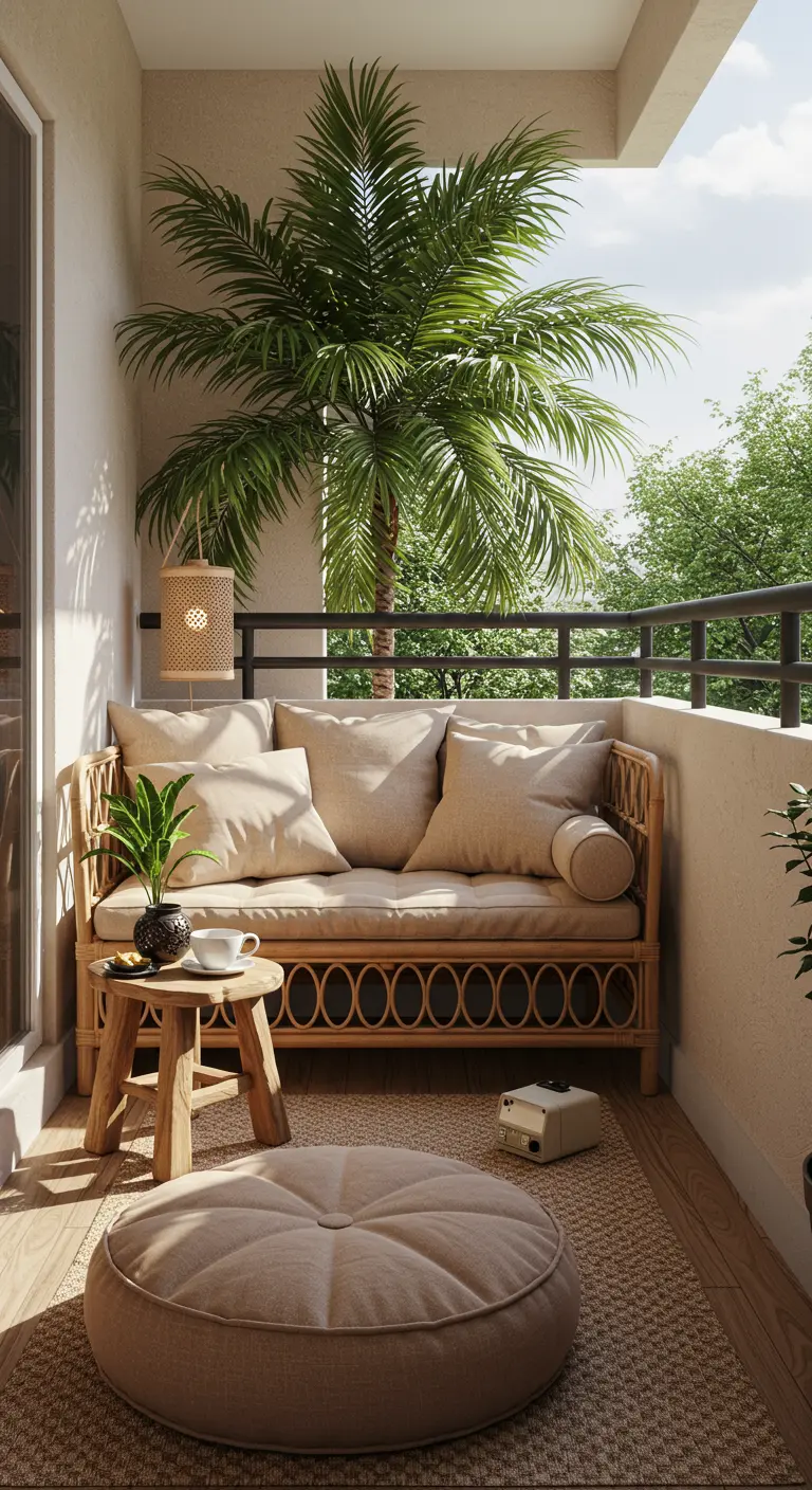 A rattan daybed on a small balcony with a large potted palm tree creating a canopy.
