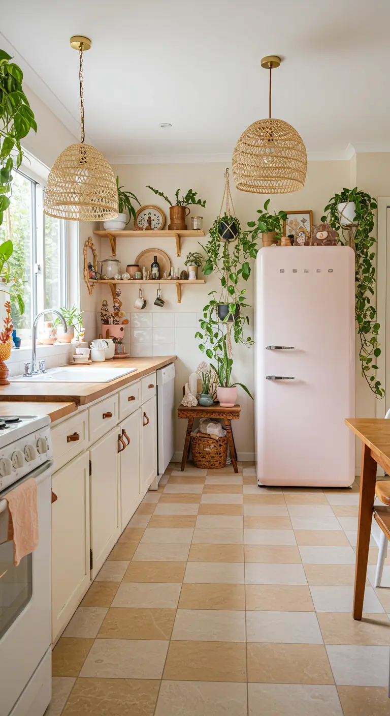 Boho-style kitchen with a pink retro fridge, woven lights, and many houseplants.