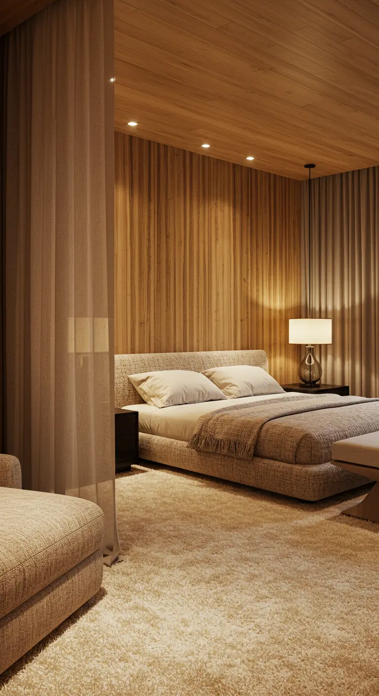 Bedroom with a textured upholstered platform bed and wood paneled walls.