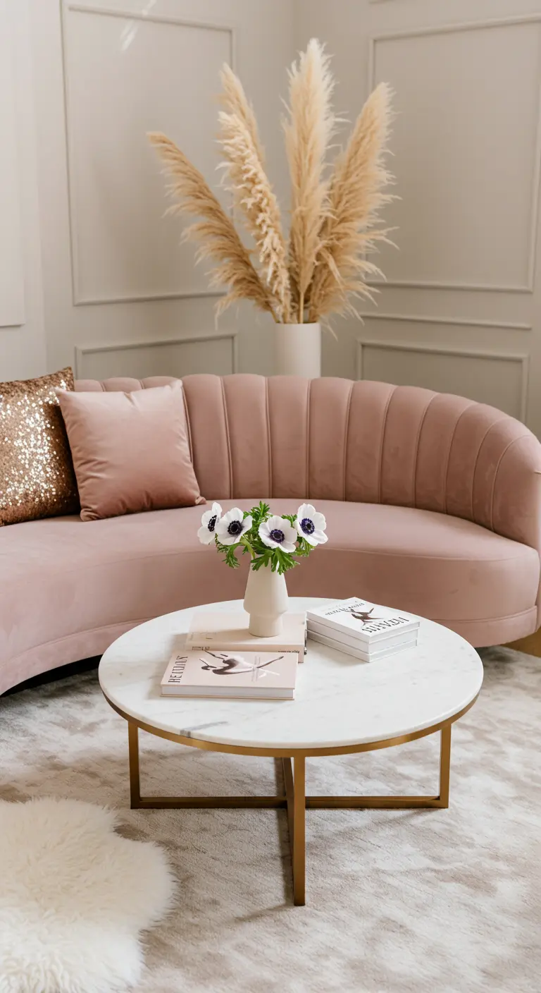A chic living room with a curved pink velvet sofa, a marble coffee table, and pampas grass.