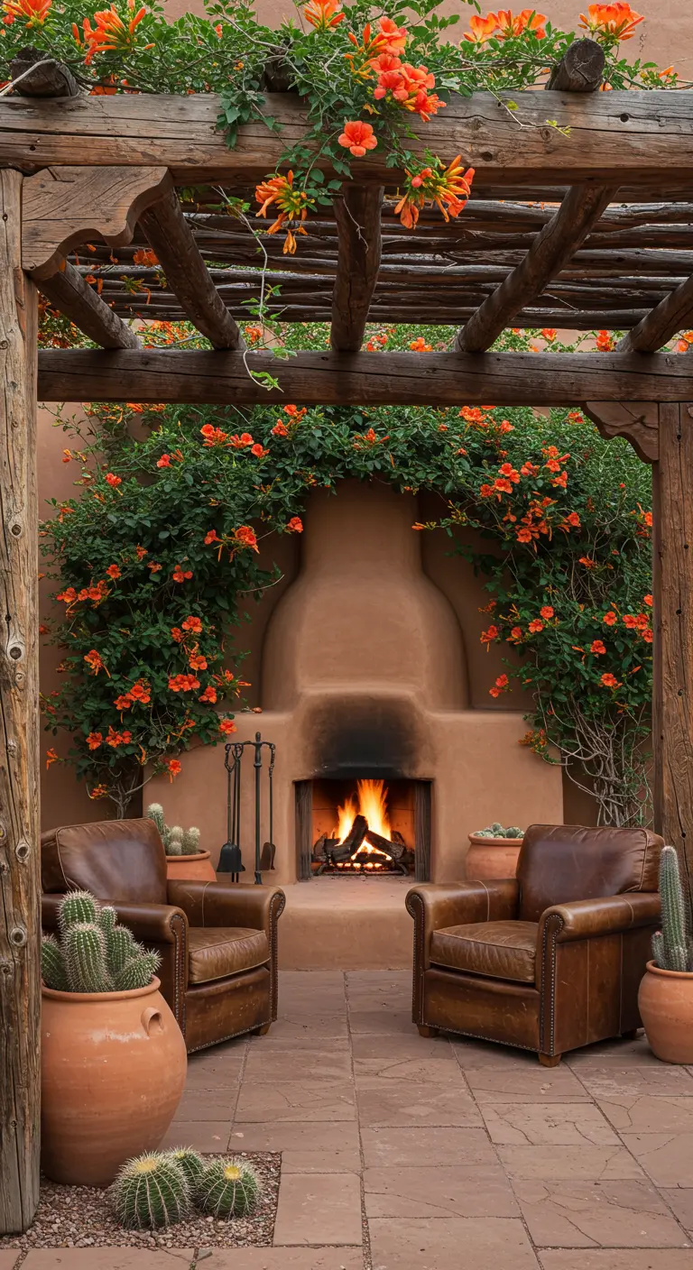 A rustic wooden pergola with orange trumpet vines frames an adobe fireplace and leather chairs.
