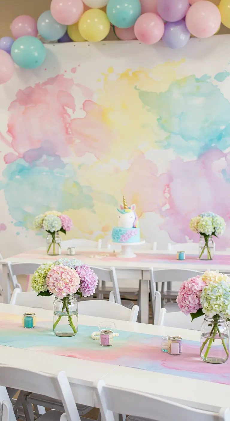 Party tables with a dreamy pastel watercolor backdrop and matching runner.