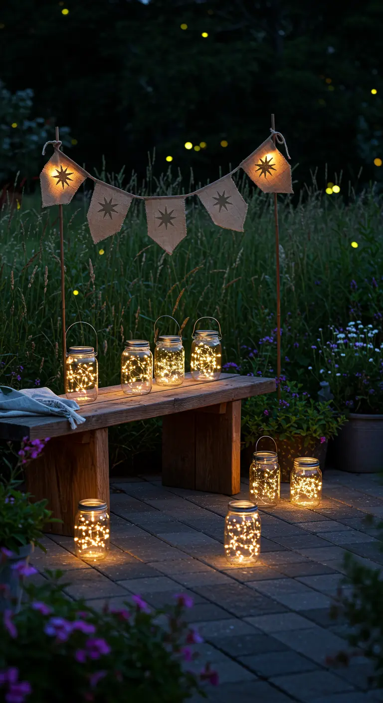 A bench in a garden at night with a star-themed banner and many fairy light jars.
