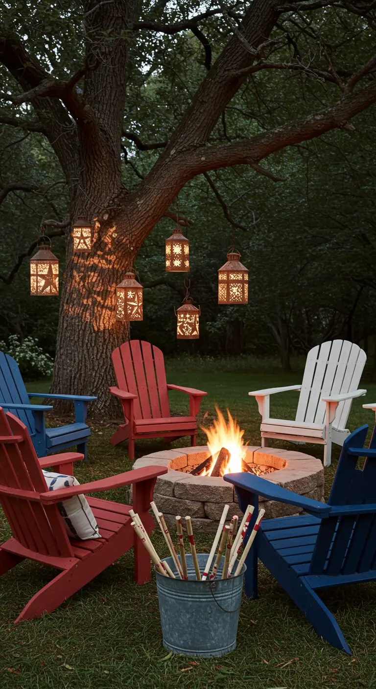 Fire pit surrounded by colorful Adirondack chairs, with star-cutout lanterns in a tree.