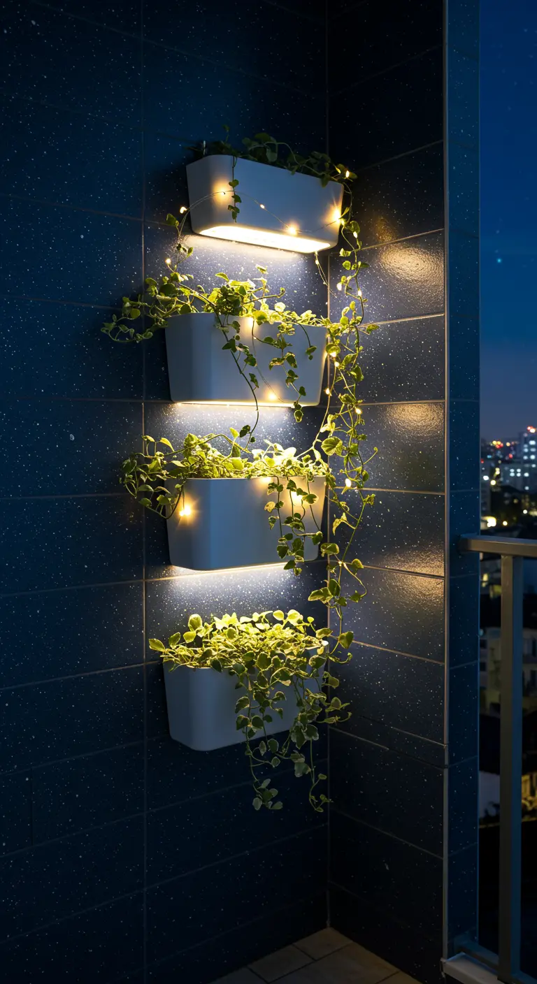 Balcony at night with white planters on a dark wall, illuminated by fairy lights in the vines.
