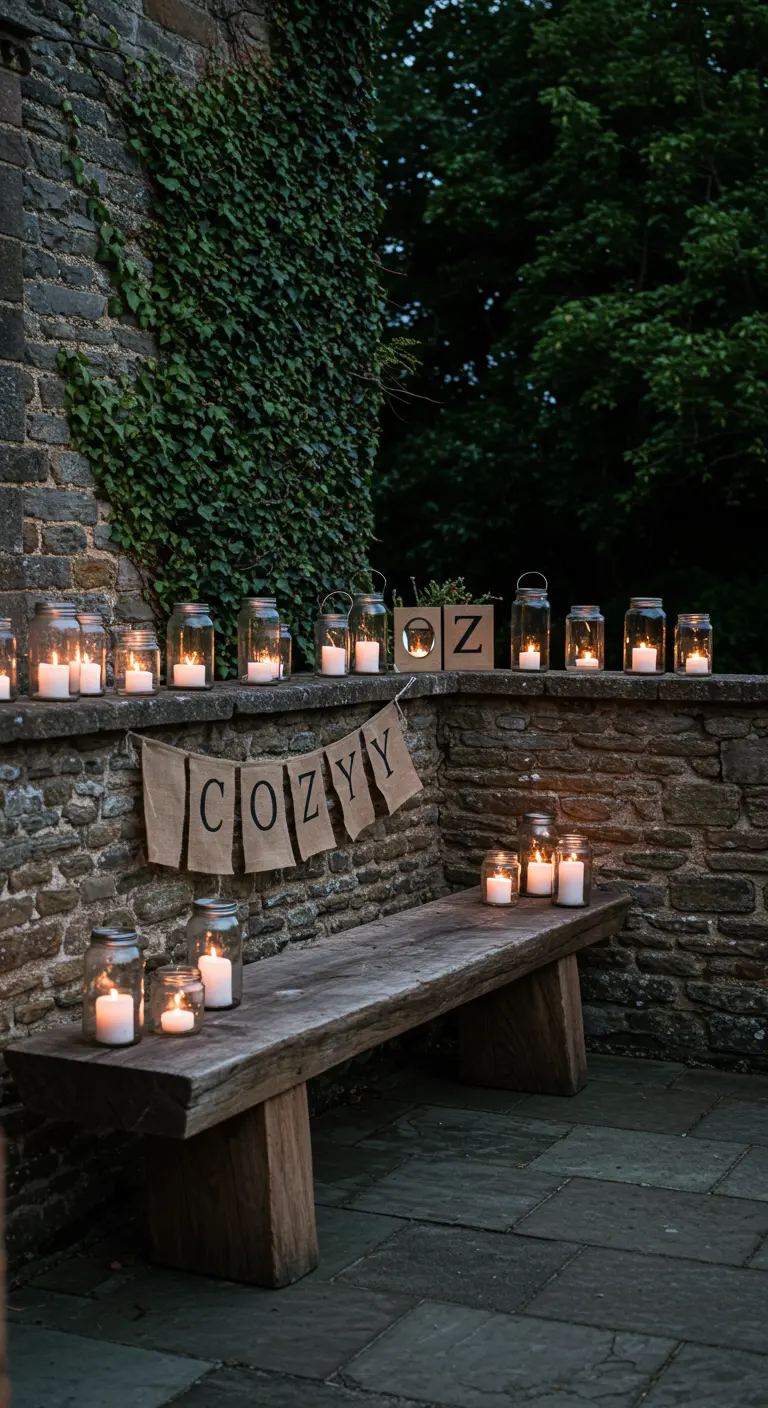 A rustic wooden bench against a stone wall decorated with a 'COZY' banner and many candles.