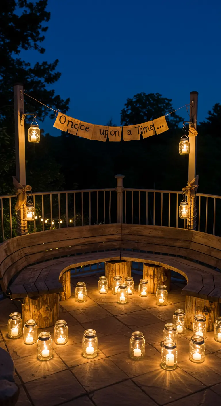 A curved bench in a semi-circle with many candlelit jars and a fairytale banner.
