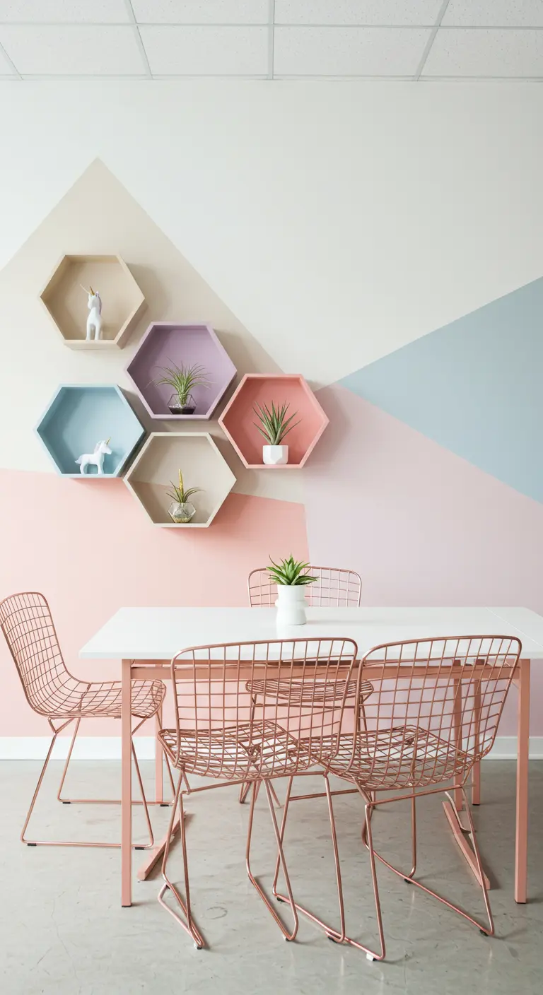 Modern room with pastel geometric wall paint and hexagon shelves.