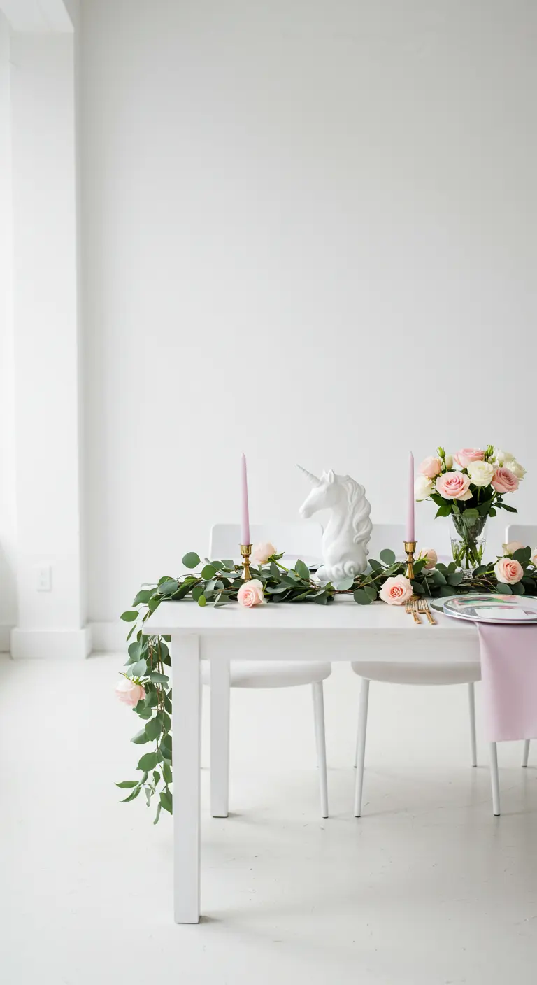 Minimalist unicorn tablescape with a white unicorn bust and eucalyptus.