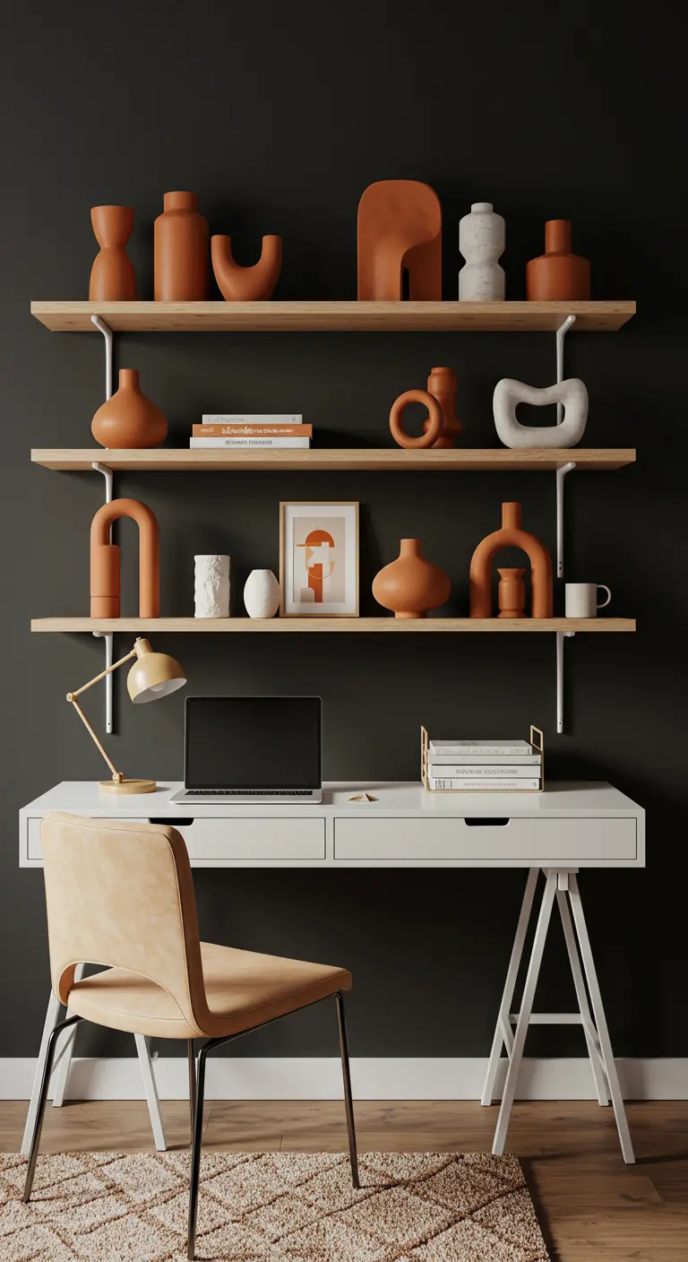 Home office with terracotta pottery arranged on shelves above a desk.