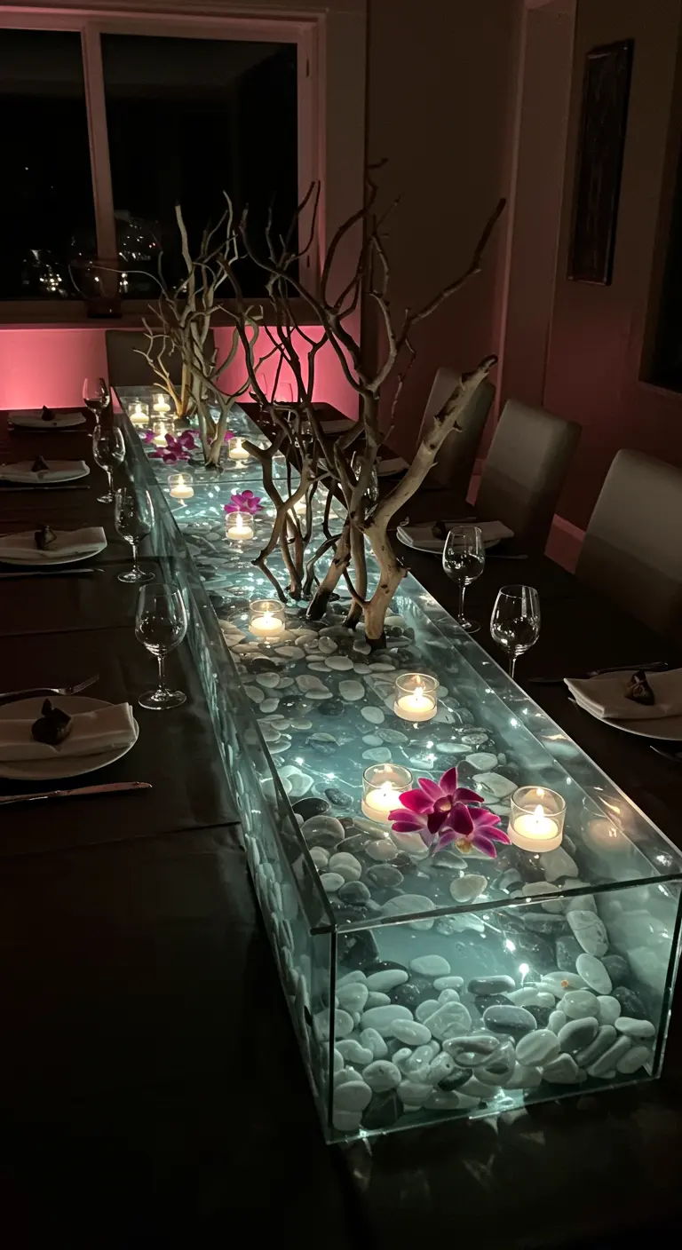 Modern centerpiece with a glass trough, submerged driftwood, and orchids.