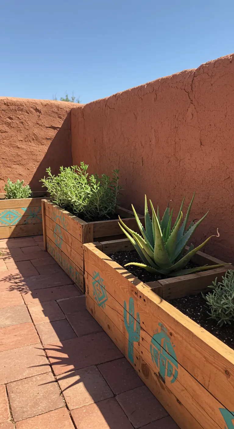 Wooden pallet planters with turquoise cactus stencils against a terracotta wall.