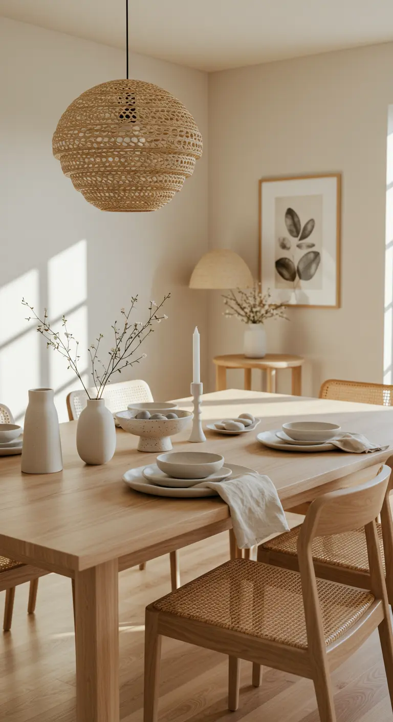 Sunlit dining room with a light wood table, white ceramics, and woven chairs.
