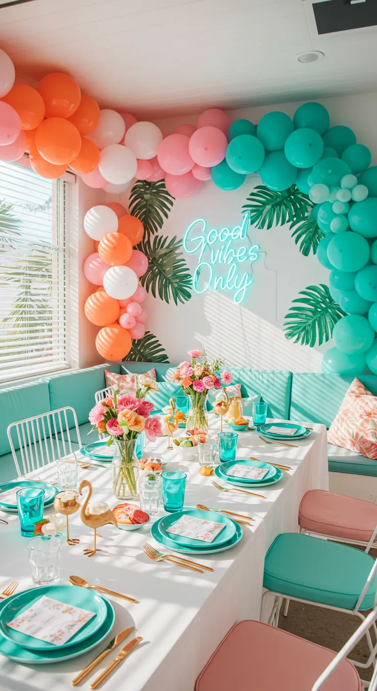 Bright tropical party table with a corner balloon arch and a blue neon sign.