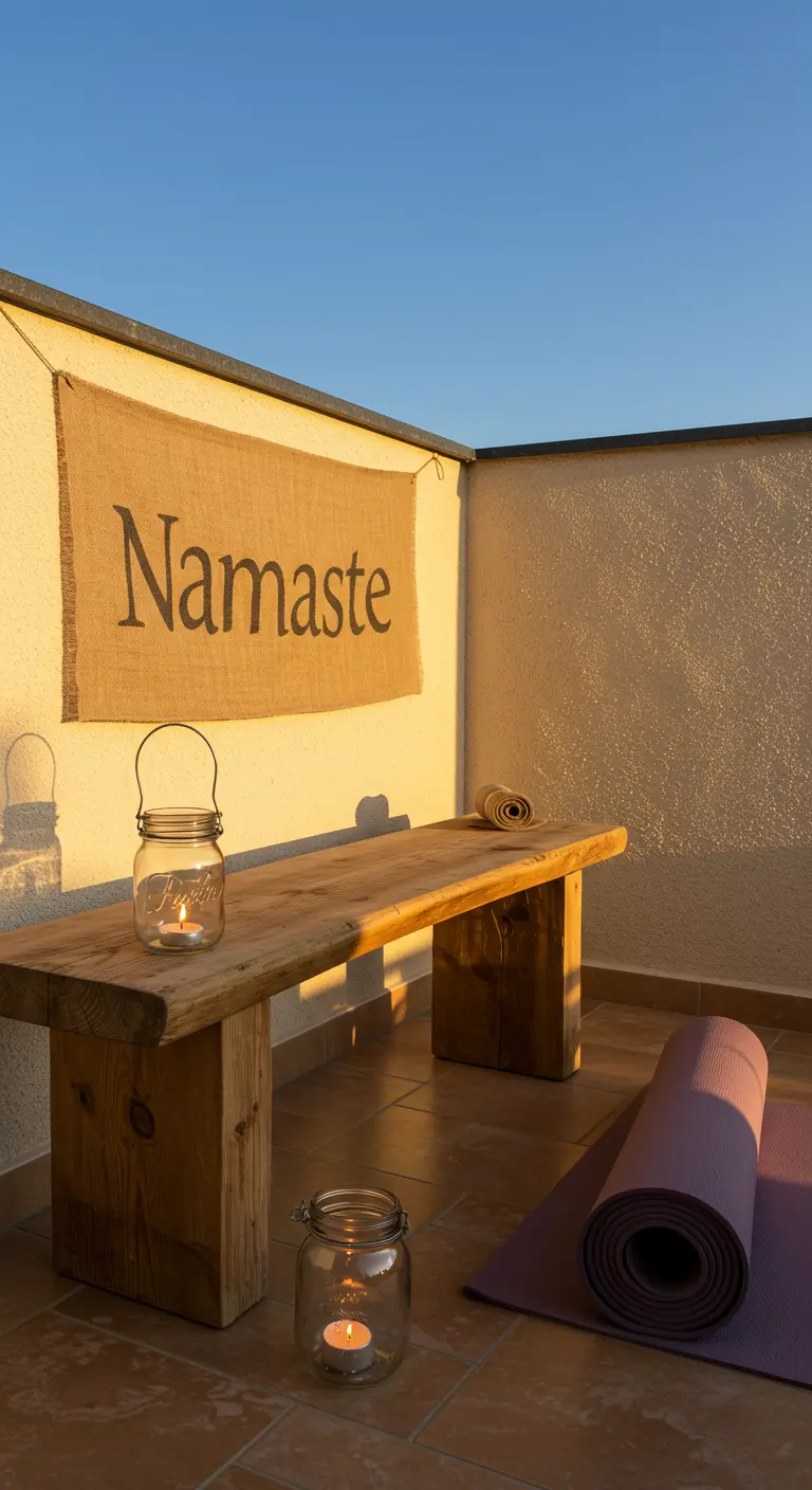 A simple bench on a tiled patio with a 'Namaste' banner and a yoga mat.