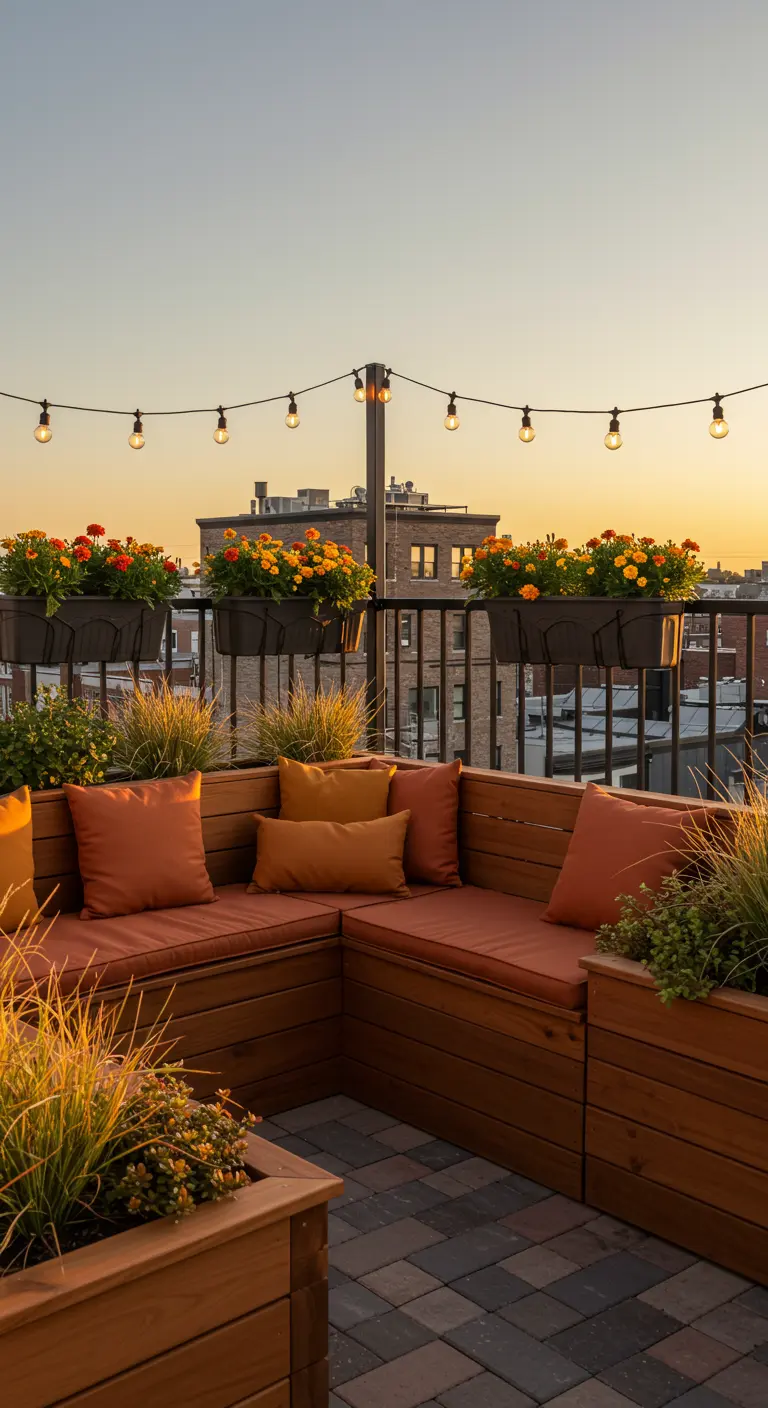 Rooftop terrace with L-shaped wood bench, orange cushions, and string lights at sunset.