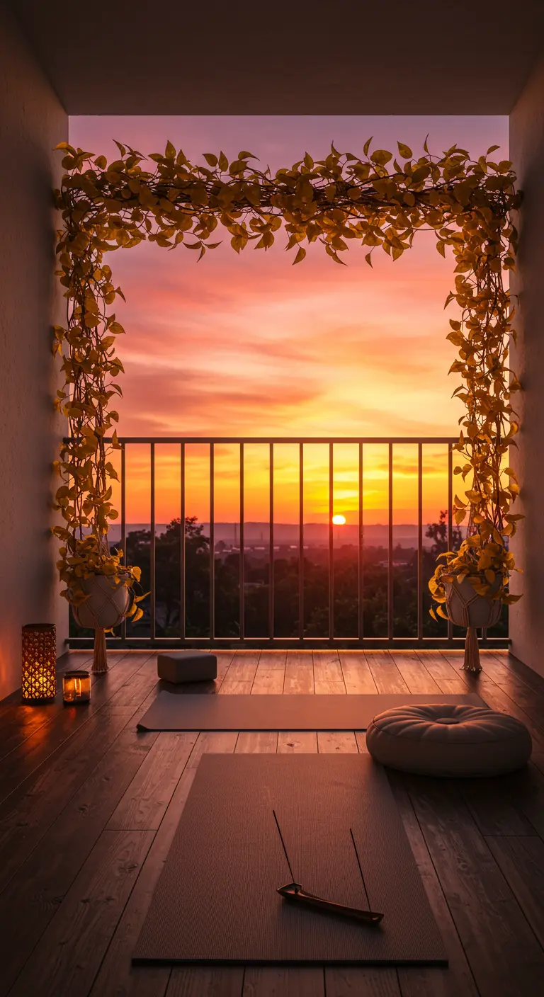 Balcony yoga space at sunset framed by an arch of golden vines.