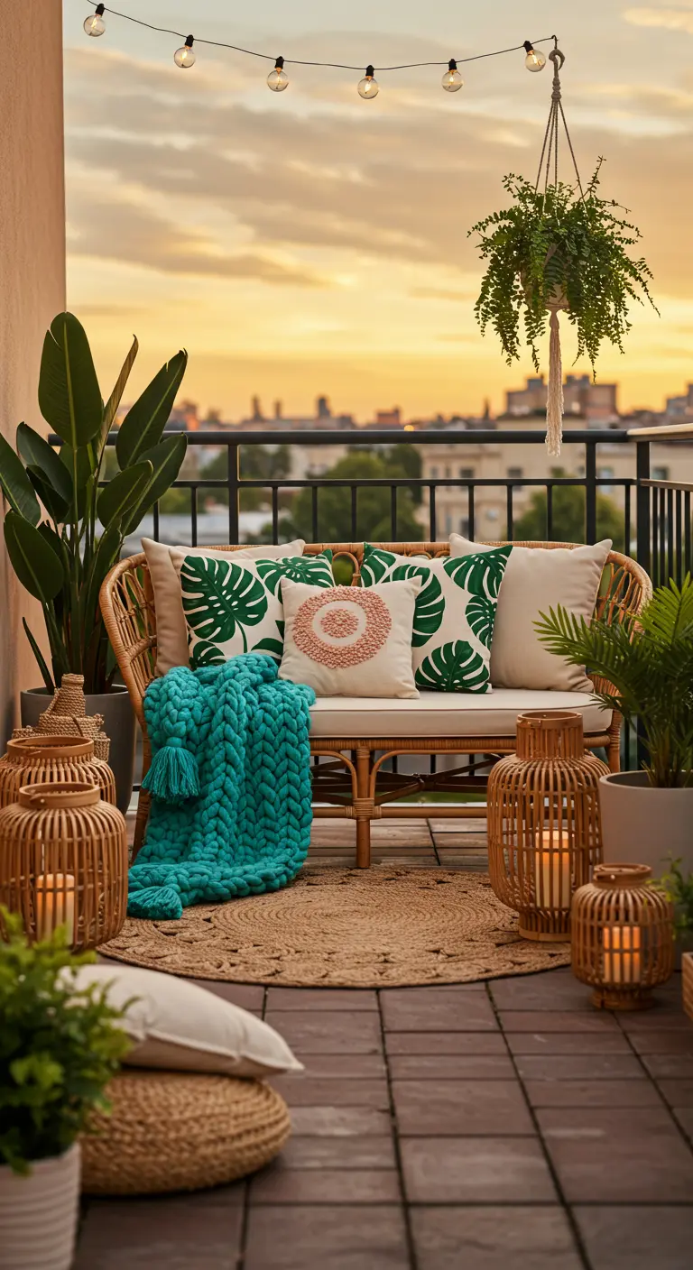 Rattan balcony settee with palm pillows and bamboo lanterns at sunset.