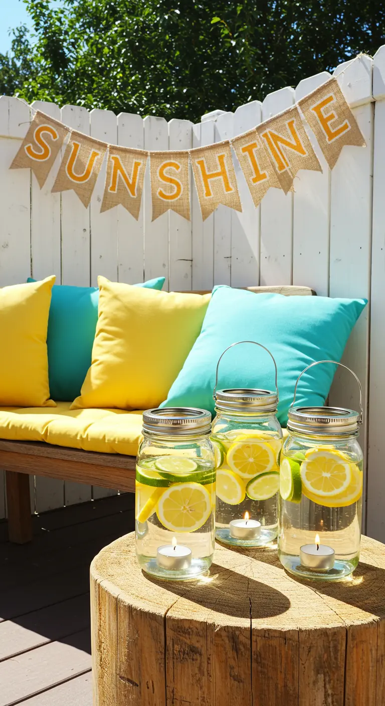 A sunny bench with bright pillows, a 'SUNSHINE' banner, and jars with floating candles and citrus.