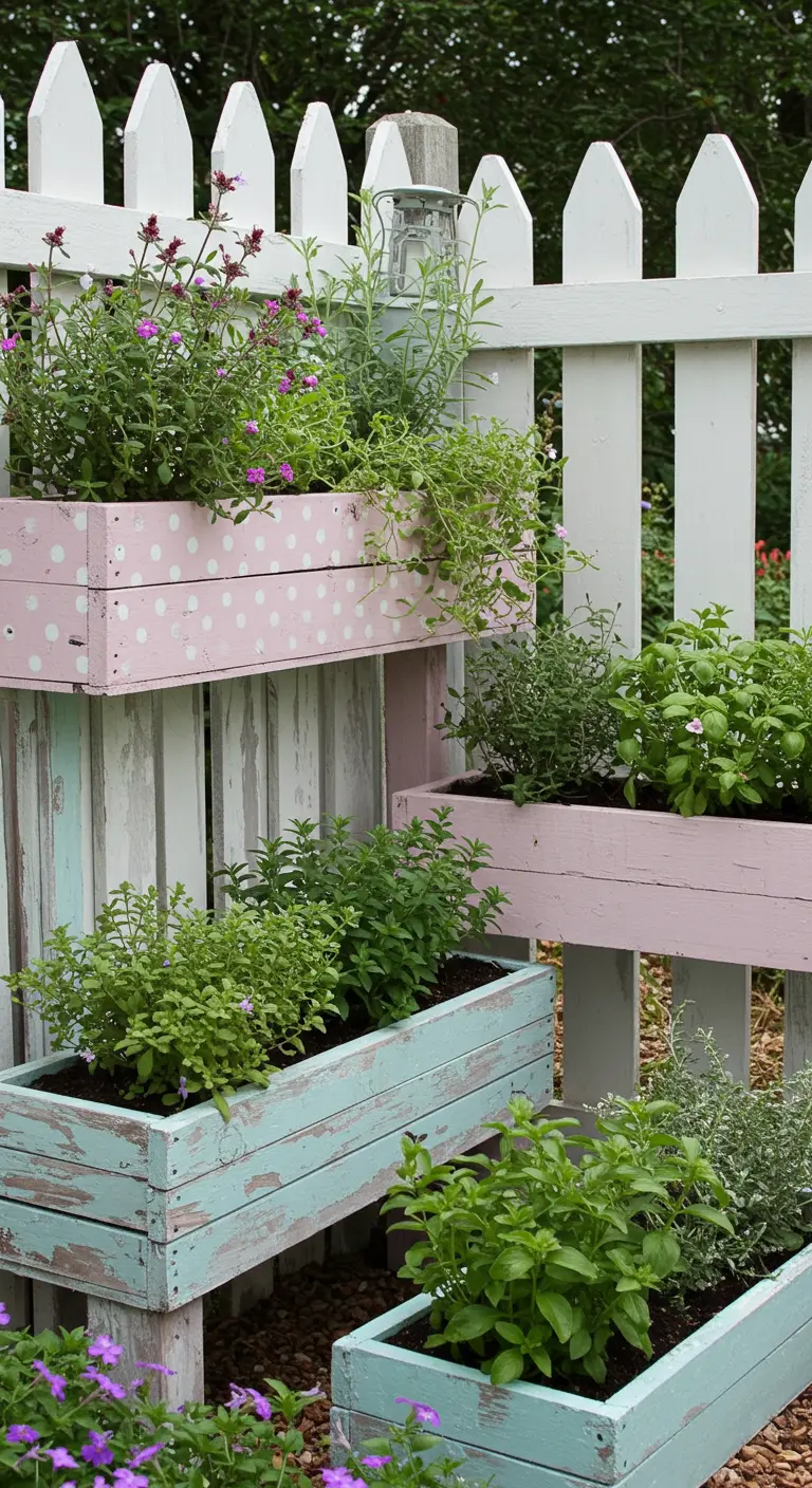 Pastel pink and blue pallet planters with polka dots and herbs.