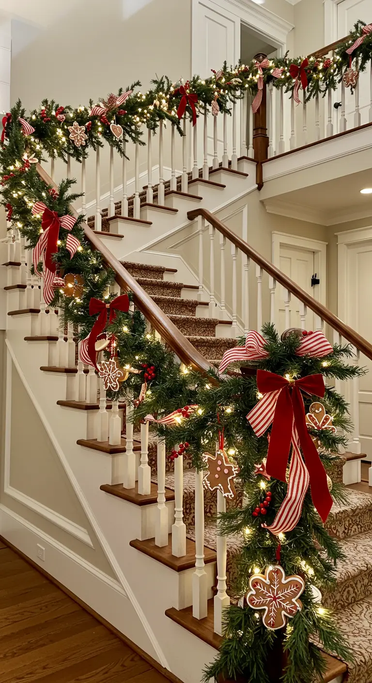 Staircase banister wrapped in lit garland with gingerbread ornaments and red bows.