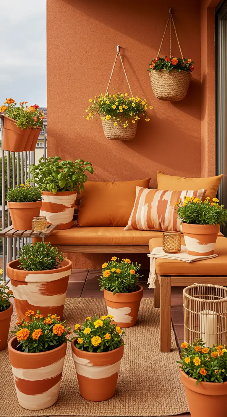 A warm, terracotta-themed balcony with painted pots and bright orange marigolds.