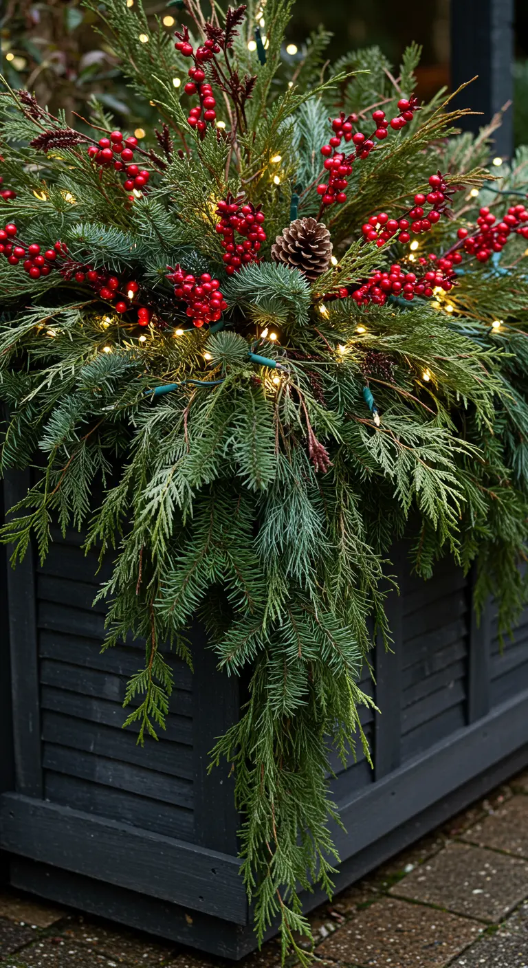 A dark planter overflowing with cascading cedar, fir, and red berries, all lit with fairy lights.