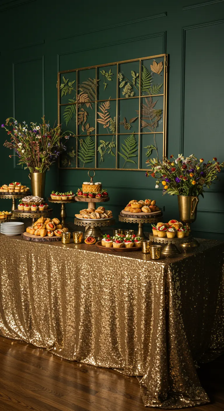 Dessert buffet table with a shimmering gold sequin tablecloth and a dark green wall.