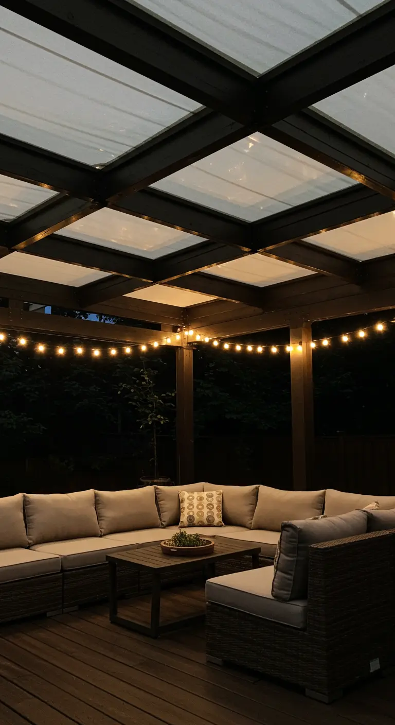 A covered patio with a translucent roof and globe lights strung underneath a large sectional sofa.