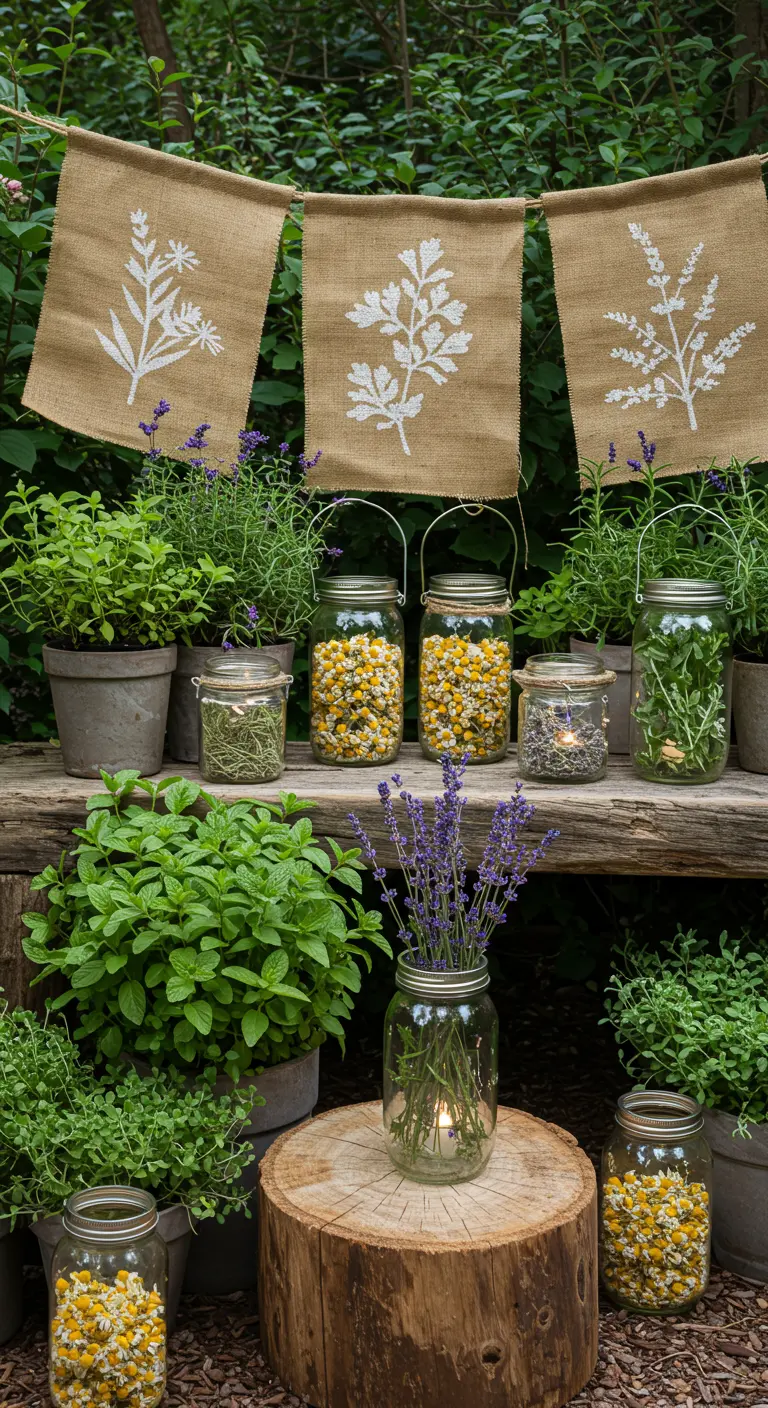 A bench in an herb garden, decorated with botanical banners and jars of herbs.