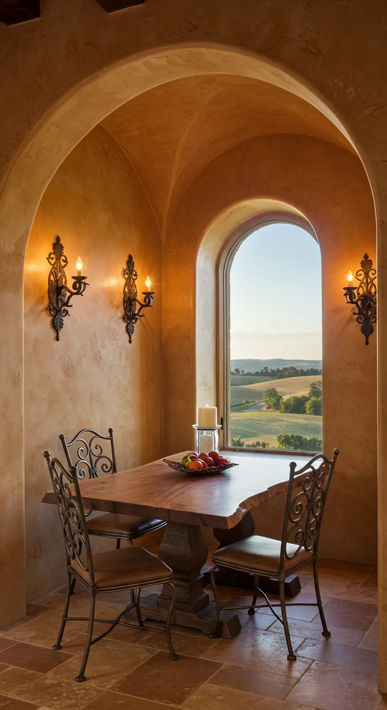 Dining nook set within a stone archway with a live-edge table overlooking a scenic landscape.