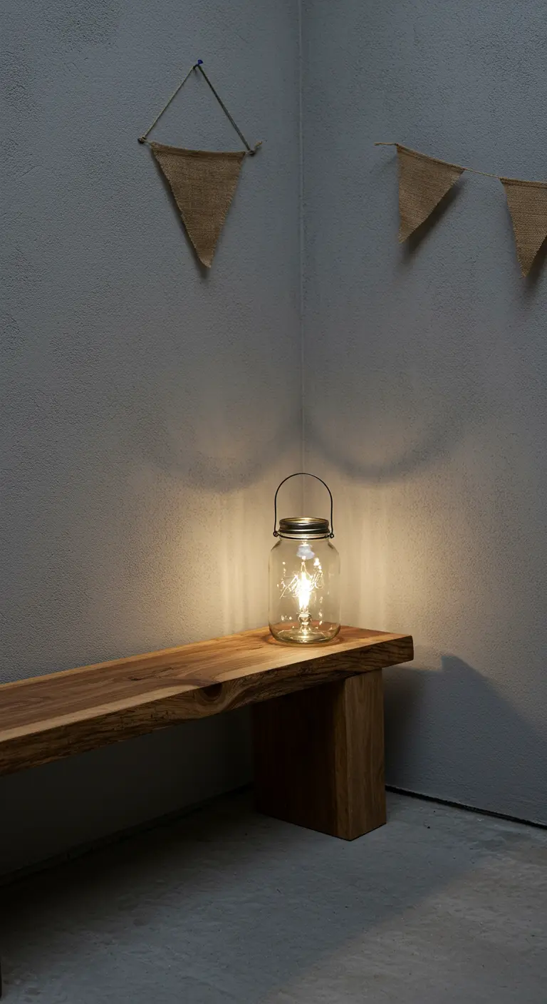 A single mason jar lantern glows on a wooden bench in a minimalist corner.