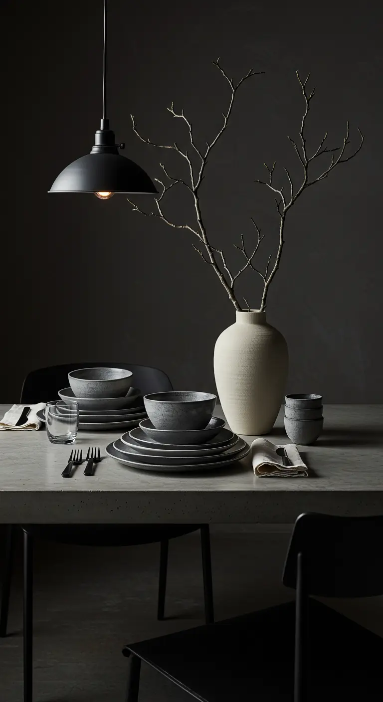 Moody dark table setting with speckled grey dinnerware and bare branches in a vase.