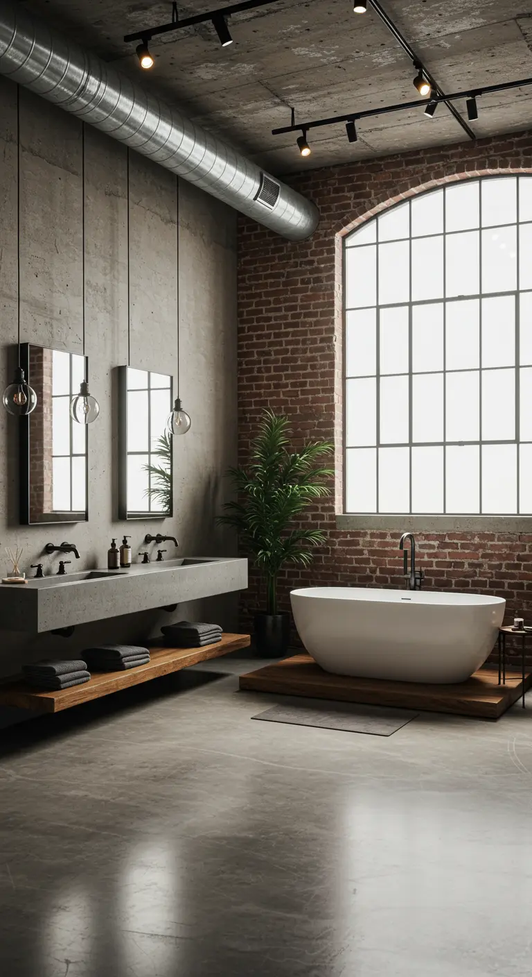 Loft bathroom with brick wall, concrete vanity, and freestanding tub.
