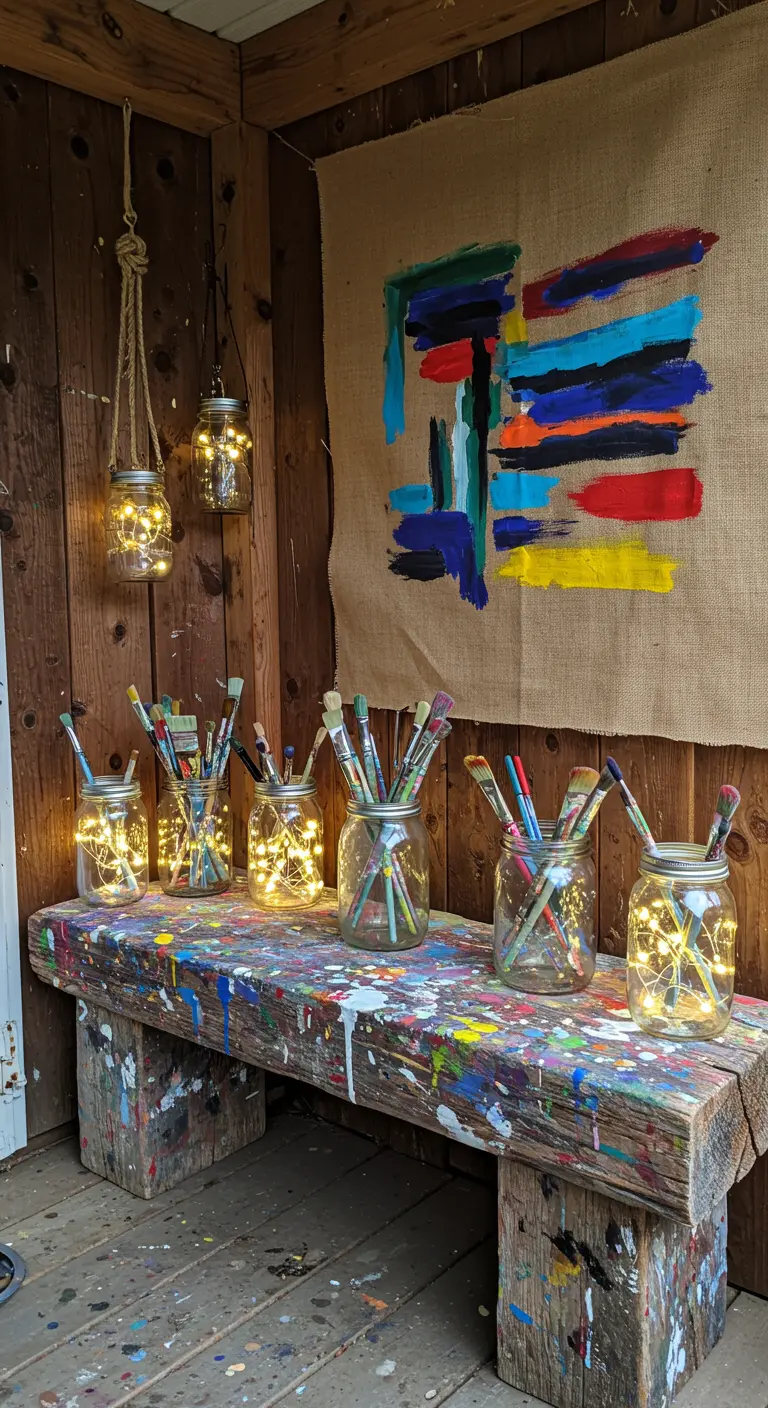 A paint-splattered bench with jars of brushes and a painted burlap wall hanging.