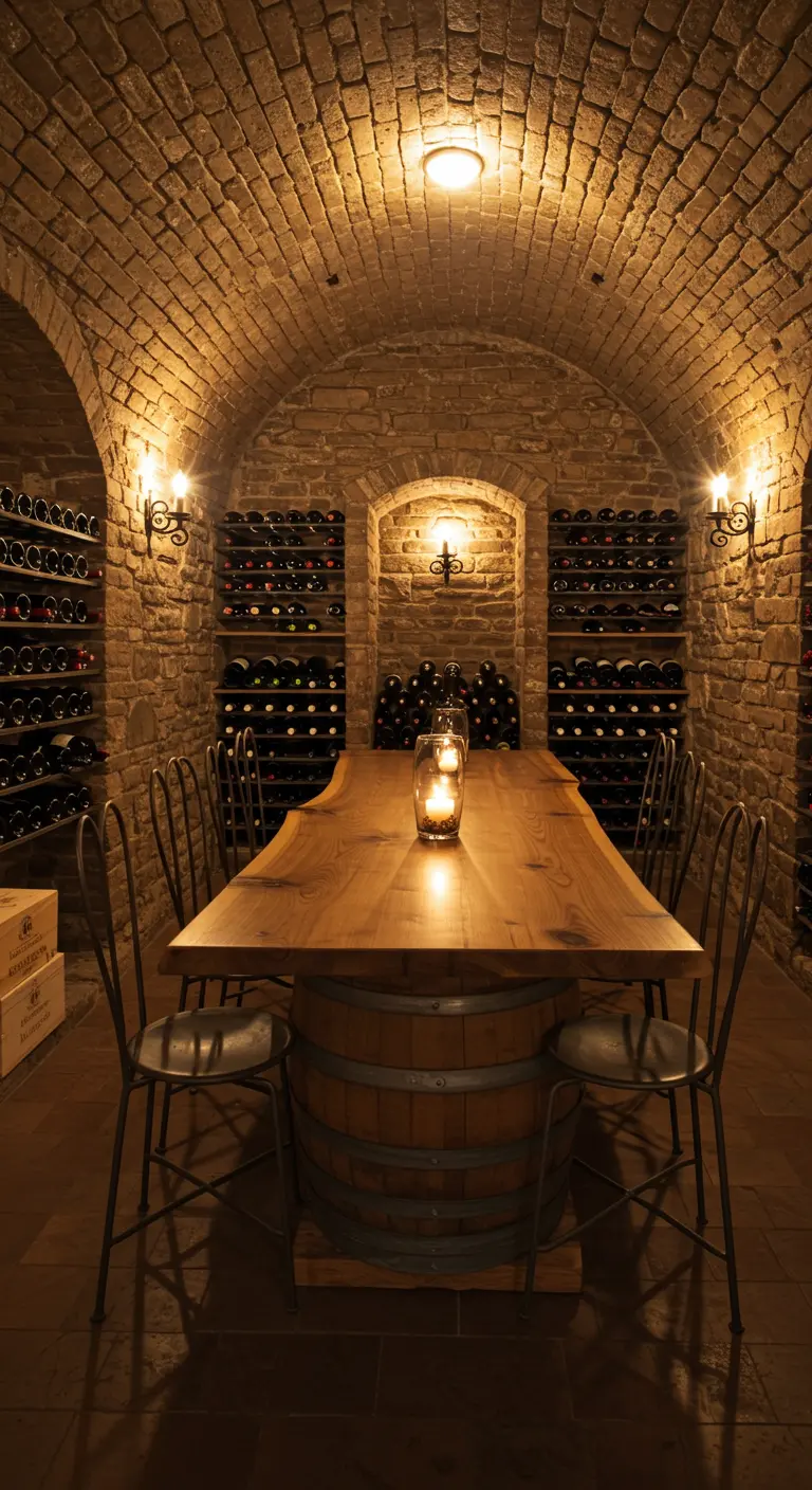 A dining table set inside a stone wine cellar with an arched ceiling.