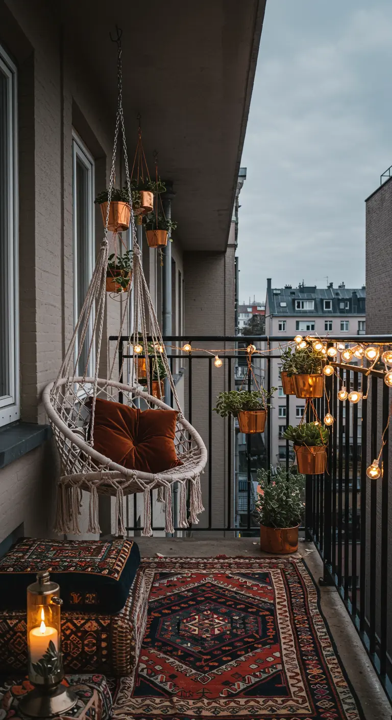 A cozy bohemian balcony with a macrame hanging chair, a patterned rug, and globe lights on the railing.