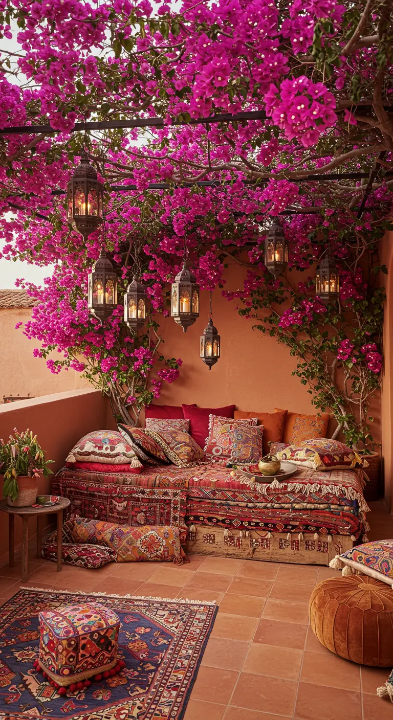 A cozy Moroccan-style terrace with a canopy of bright pink bougainvillea and hanging lanterns.