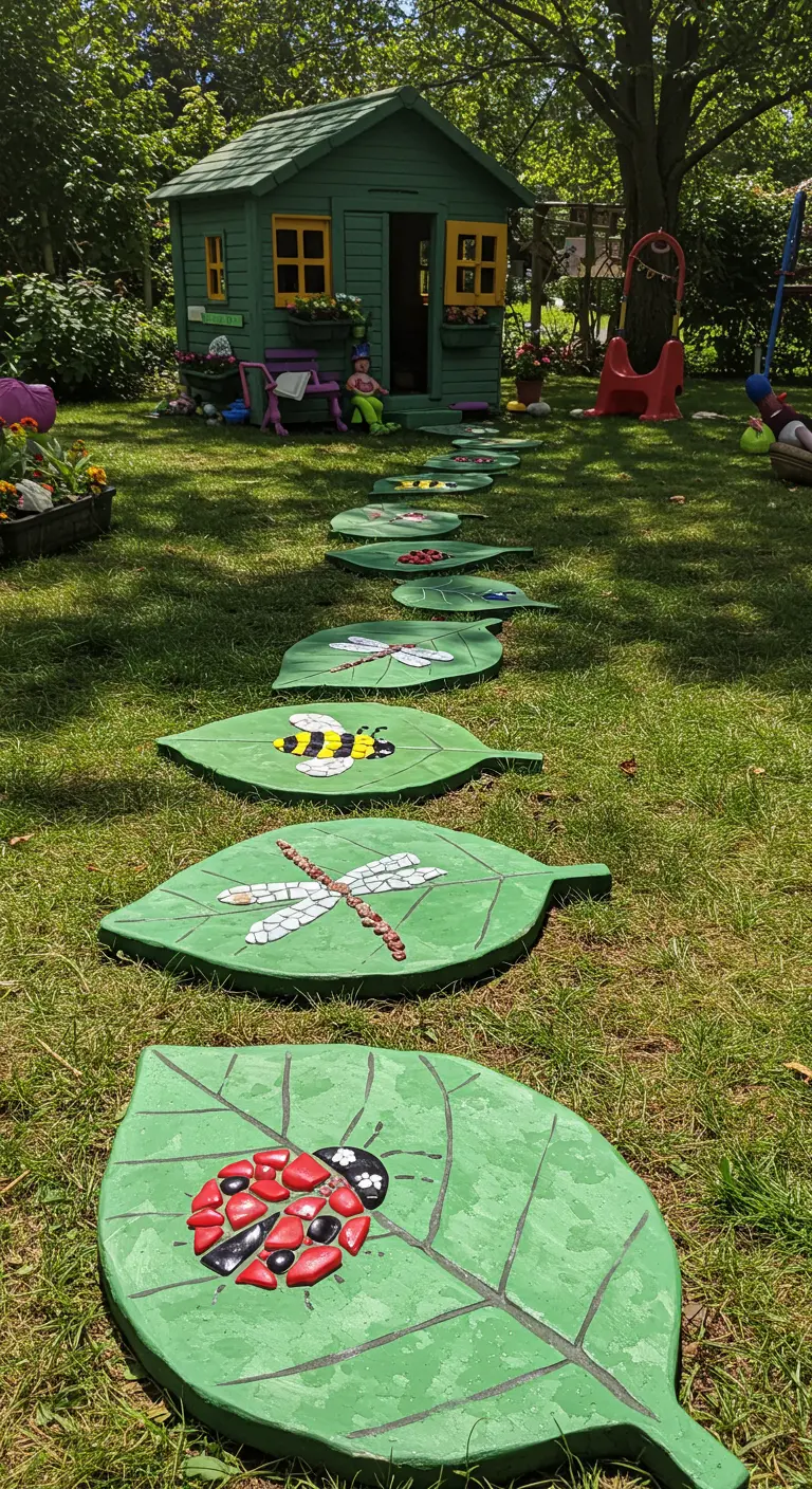 Leaf-shaped stepping stones with mosaic insects like a ladybug and dragonfly.