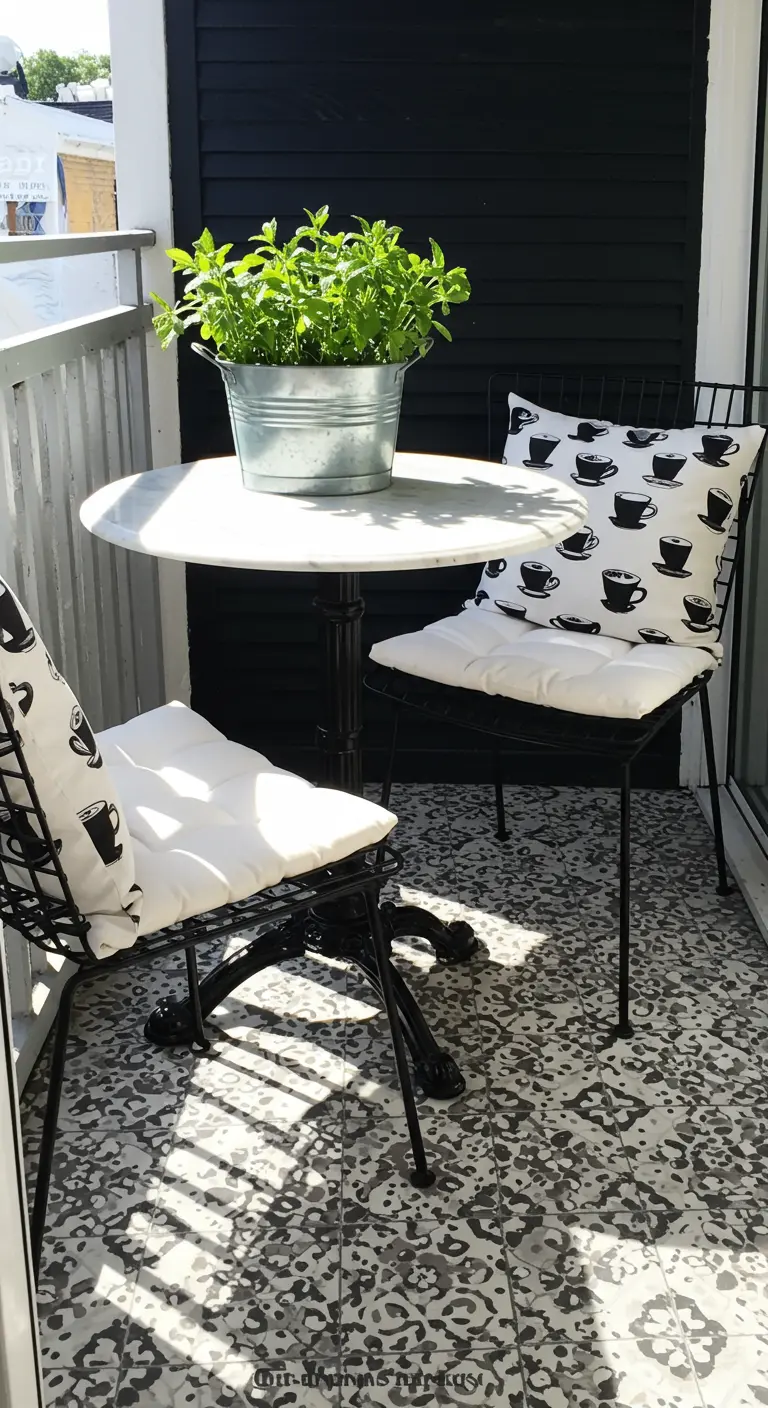 Small bistro set with coffee-patterned cushions and floor tiles.