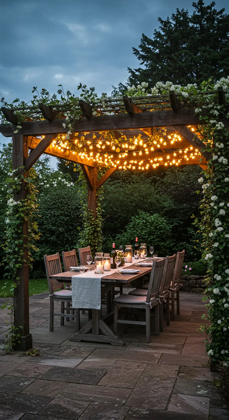 A wooden pergola over a dining table, with fairy lights and climbing white flowers on the roof.