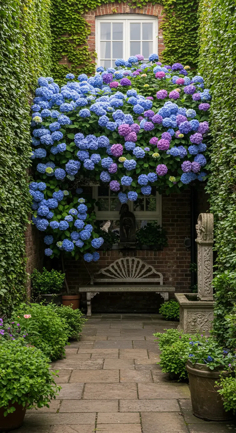 A narrow brick courtyard with a stone bench beneath a wall covered in blue and purple hydrangeas.