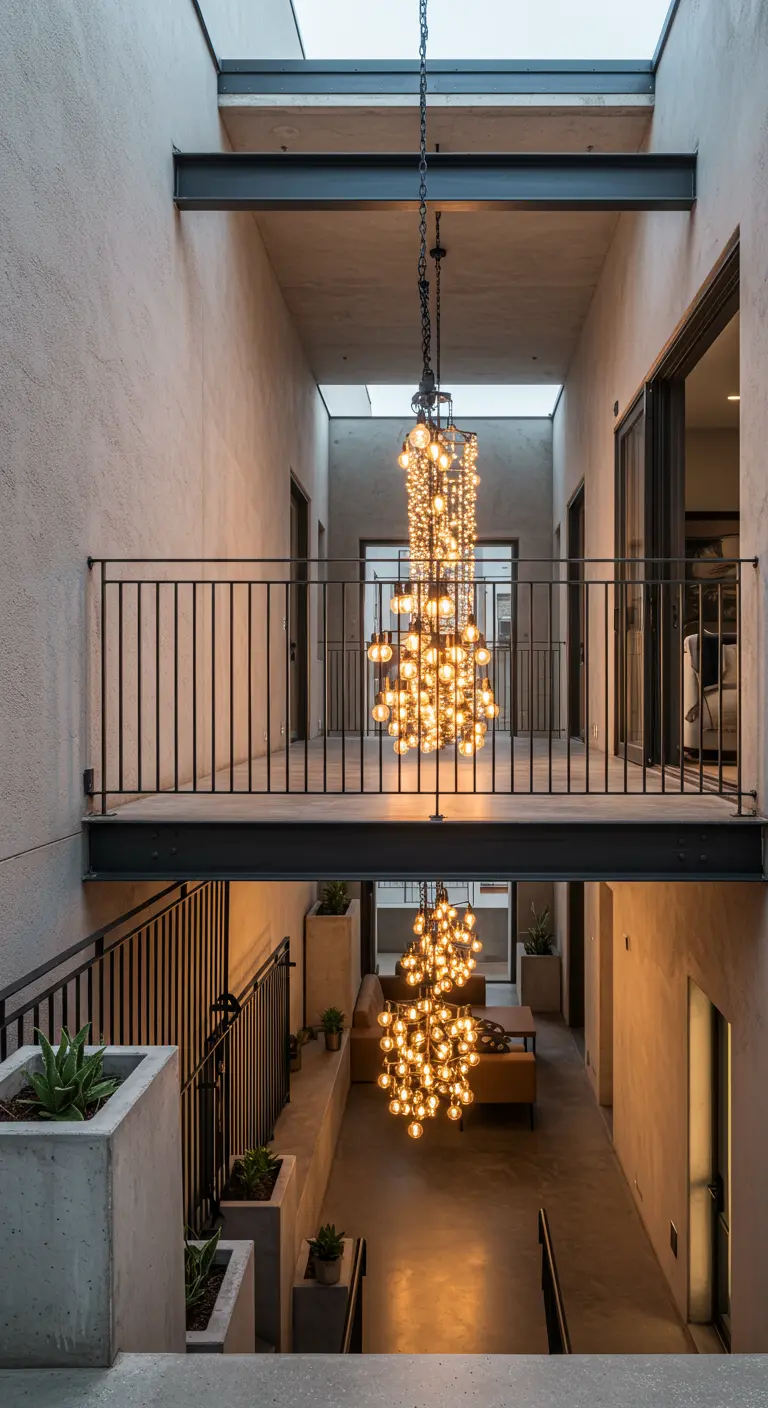 A multi-story interior courtyard with massive, cascading Edison bulb chandeliers.